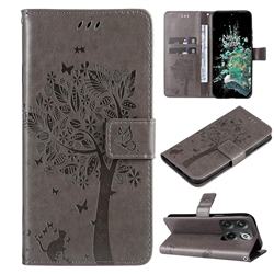 Embossing Butterfly Tree Leather Wallet Case for OnePlus Ace Pro - Grey
