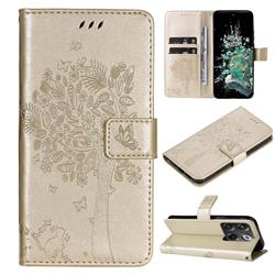 Embossing Butterfly Tree Leather Wallet Case for OnePlus Ace Pro - Champagne