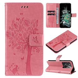 Embossing Butterfly Tree Leather Wallet Case for OnePlus Ace Pro - Pink
