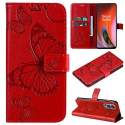 Embossing 3D Butterfly Leather Wallet Case for OnePlus Nord 2 5G - Red