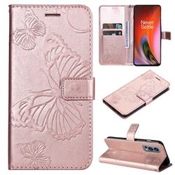 Embossing 3D Butterfly Leather Wallet Case for OnePlus Nord 2 5G - Rose Gold
