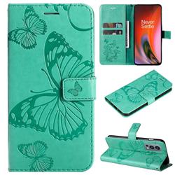 Embossing 3D Butterfly Leather Wallet Case for OnePlus Nord 2 5G - Green