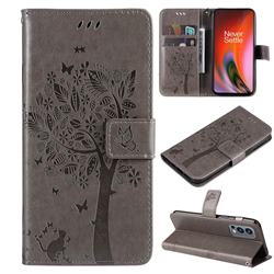 Embossing Butterfly Tree Leather Wallet Case for OnePlus Nord 2 5G - Grey
