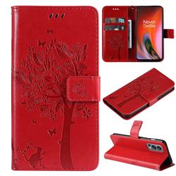 Embossing Butterfly Tree Leather Wallet Case for OnePlus Nord 2 5G - Red