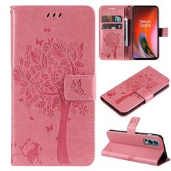 Embossing Butterfly Tree Leather Wallet Case for OnePlus Nord 2 5G - Pink