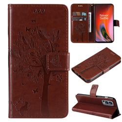 Embossing Butterfly Tree Leather Wallet Case for OnePlus Nord 2 5G - Coffee
