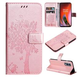 Embossing Butterfly Tree Leather Wallet Case for OnePlus Nord 2 5G - Rose Pink