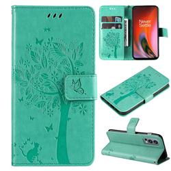 Embossing Butterfly Tree Leather Wallet Case for OnePlus Nord 2 5G - Cyan