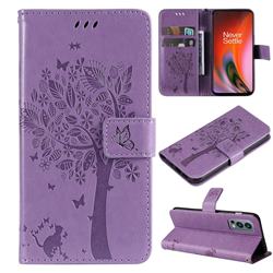 Embossing Butterfly Tree Leather Wallet Case for OnePlus Nord 2 5G - Violet