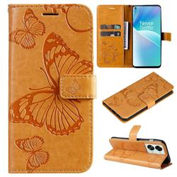Embossing 3D Butterfly Leather Wallet Case for OnePlus Nord 2T - Yellow