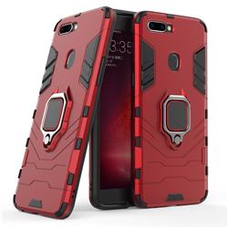 Black Panther Armor Metal Ring Grip Shockproof Dual Layer Rugged Hard Cover for Oppo R11s Plus - Red