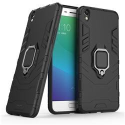 Black Panther Armor Metal Ring Grip Shockproof Dual Layer Rugged Hard Cover for Oppo R9 Plus - Black