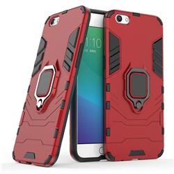 Black Panther Armor Metal Ring Grip Shockproof Dual Layer Rugged Hard Cover for Oppo R9s - Red