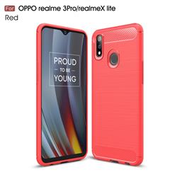Luxury Carbon Fiber Brushed Wire Drawing Silicone TPU Back Cover for Oppo Realme 3 Pro - Red