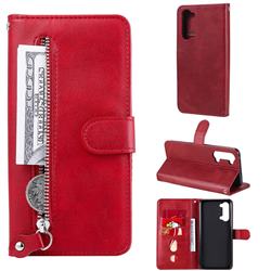 Retro Luxury Zipper Leather Phone Wallet Case for Oppo Reno 3 - Red