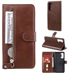 Retro Luxury Zipper Leather Phone Wallet Case for Oppo Reno 3 - Brown