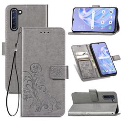 Embossing Imprint Four-Leaf Clover Leather Wallet Case for Oppo Reno 3A - Grey