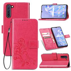 Embossing Imprint Four-Leaf Clover Leather Wallet Case for Oppo Reno 3A - Rose Red