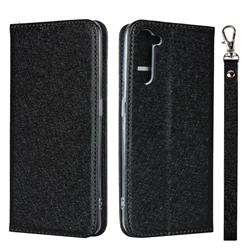 Ultra Slim Magnetic Automatic Suction Silk Lanyard Leather Flip Cover for Oppo Reno 3A - Black