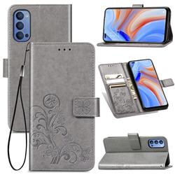 Embossing Imprint Four-Leaf Clover Leather Wallet Case for Oppo Reno4 - Grey