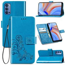 Embossing Imprint Four-Leaf Clover Leather Wallet Case for Oppo Reno4 - Blue