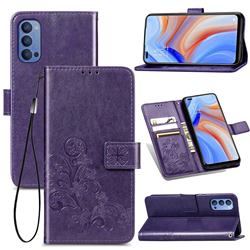 Embossing Imprint Four-Leaf Clover Leather Wallet Case for Oppo Reno4 - Purple