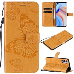 Embossing 3D Butterfly Leather Wallet Case for Oppo Reno4 5G - Yellow