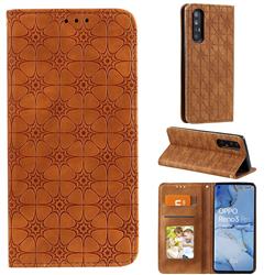 Intricate Embossing Four Leaf Clover Leather Wallet Case for Oppo Reno 3 Pro - Yellowish Brown