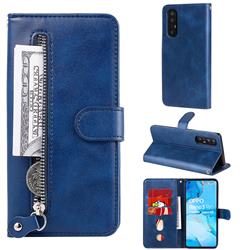 Retro Luxury Zipper Leather Phone Wallet Case for Oppo Reno 3 Pro - Blue