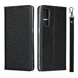 Ultra Slim Magnetic Automatic Suction Silk Lanyard Leather Flip Cover for Oppo Reno 3 Pro 5G - Black