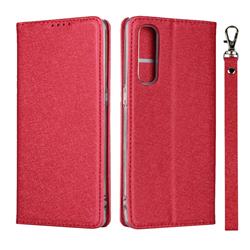 Ultra Slim Magnetic Automatic Suction Silk Lanyard Leather Flip Cover for Oppo Reno 3 Pro 5G - Red