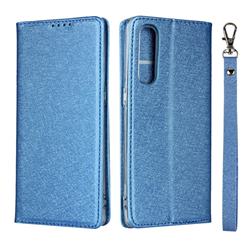 Ultra Slim Magnetic Automatic Suction Silk Lanyard Leather Flip Cover for Oppo Reno 3 Pro 5G - Sky Blue