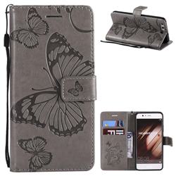 Embossing 3D Butterfly Leather Wallet Case for Huawei P10 - Gray