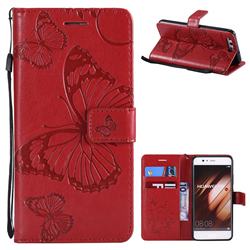 Embossing 3D Butterfly Leather Wallet Case for Huawei P10 - Red