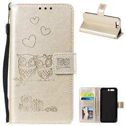 Embossing Owl Couple Flower Leather Wallet Case for Huawei P10 - Golden