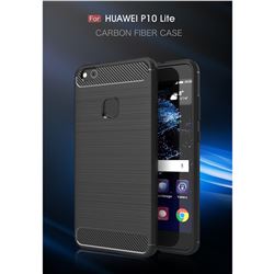 Luxury Carbon Fiber Brushed Wire Drawing Silicone TPU Back Cover for Huawei P10 Lite P10Lite (Black)
