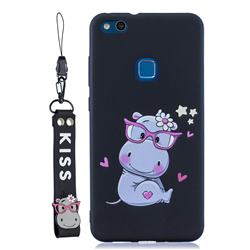 Black Flower Hippo Soft Kiss Candy Hand Strap Silicone Case for Huawei P10 Lite P10Lite
