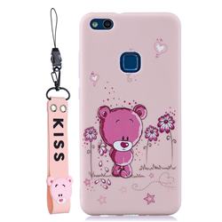 Pink Flower Bear Soft Kiss Candy Hand Strap Silicone Case for Huawei P10 Lite P10Lite