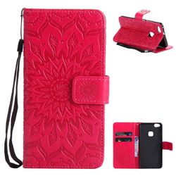 Embossing Sunflower Leather Wallet Case for Huawei P10 Lite P10Lite - Red