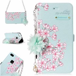 Cherry Blossoms Endeavour Florid Pearl Flower Pendant Metal Strap PU Leather Wallet Case for Huawei P10 Lite P10Lite