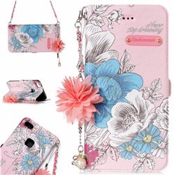 Pink Blue Rose Endeavour Florid Pearl Flower Pendant Metal Strap PU Leather Wallet Case for Huawei P10 Lite P10Lite