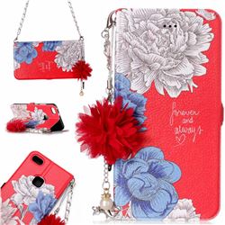 Red Chrysanthemum Endeavour Florid Pearl Flower Pendant Metal Strap PU Leather Wallet Case for Huawei P10 Lite P10Lite