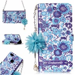 Blue-and-White Endeavour Florid Pearl Flower Pendant Metal Strap PU Leather Wallet Case for Huawei P10 Lite P10Lite