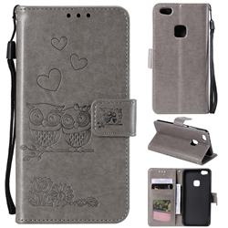 Embossing Owl Couple Flower Leather Wallet Case for Huawei P10 Lite P10Lite - Gray