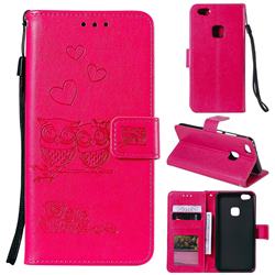 Embossing Owl Couple Flower Leather Wallet Case for Huawei P10 Lite P10Lite - Red