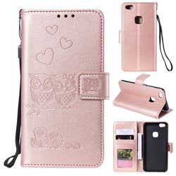 Embossing Owl Couple Flower Leather Wallet Case for Huawei P10 Lite P10Lite - Rose Gold