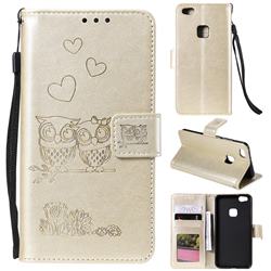 Embossing Owl Couple Flower Leather Wallet Case for Huawei P10 Lite P10Lite - Golden