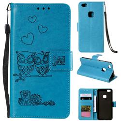 Embossing Owl Couple Flower Leather Wallet Case for Huawei P10 Lite P10Lite - Blue
