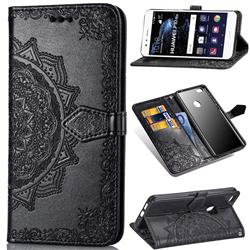 Embossing Imprint Mandala Flower Leather Wallet Case for Huawei P10 Lite P10Lite - Black