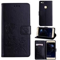 Embossing Rose Flower Leather Wallet Case for Huawei P10 Lite P10Lite - Black